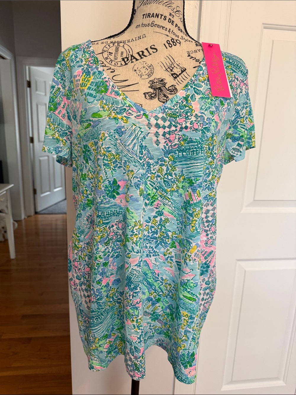 Lilly Pulitzer Aqua, Pink & Green Short Sleeve V-Neck Tee
